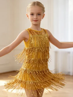 Robe de danse latine rouge pour fille à franges pompons et sequins élégante robe en polyester tenue de danse