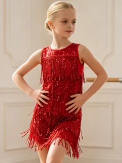 Robe de danse latine rouge pour fille à franges pompons et sequins élégante robe en polyester tenue de danse