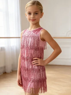 Robe de danse latine rouge pour fille à franges pompons et sequins élégante robe en polyester tenue de danse