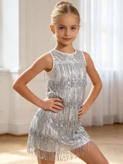 Robe de danse latine rouge pour fille à franges pompons et sequins élégante robe en polyester tenue de danse
