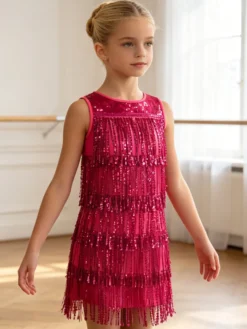 Robe de danse latine rouge pour fille à franges pompons et sequins élégante robe en polyester tenue de danse