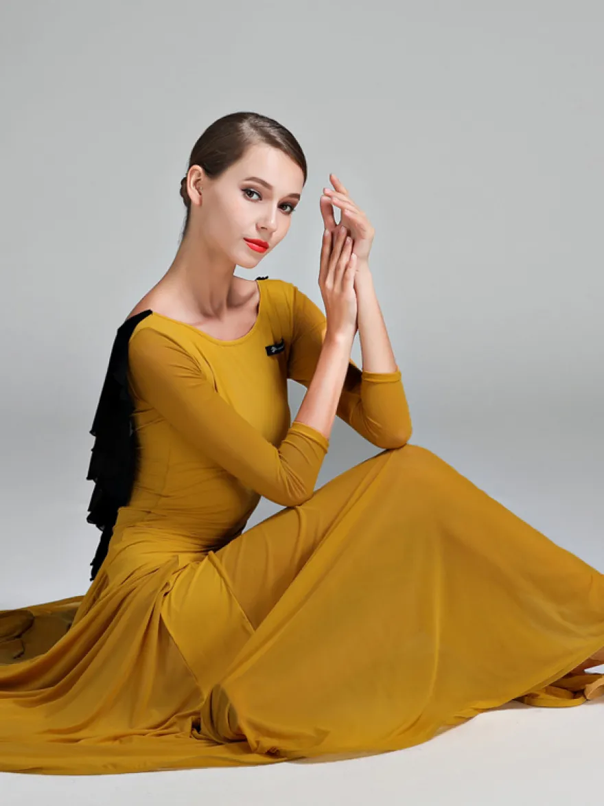 Robe de danse pour femmes dos nu grande balançoire costumes de danse de salon standard volants dans le dos robe de tango vêtements de danse de valse