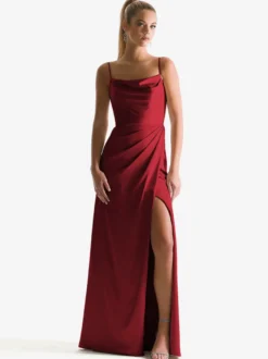 Robe de demoiselle d'honneur à bretelle zip sur dos jupe fendue au sol