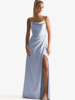 Robe de demoiselle d'honneur à bretelle zip sur dos jupe fendue au sol
