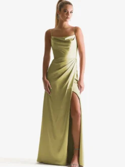 Robe de demoiselle d'honneur à bretelle zip sur dos jupe fendue au sol