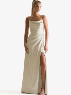 Robe de demoiselle d'honneur à bretelle zip sur dos jupe fendue au sol