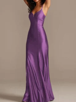 Robe de demoiselle d'honneur bordeaux en satin de soie stretch col V à bretelle au sol robe de soirée de mariage