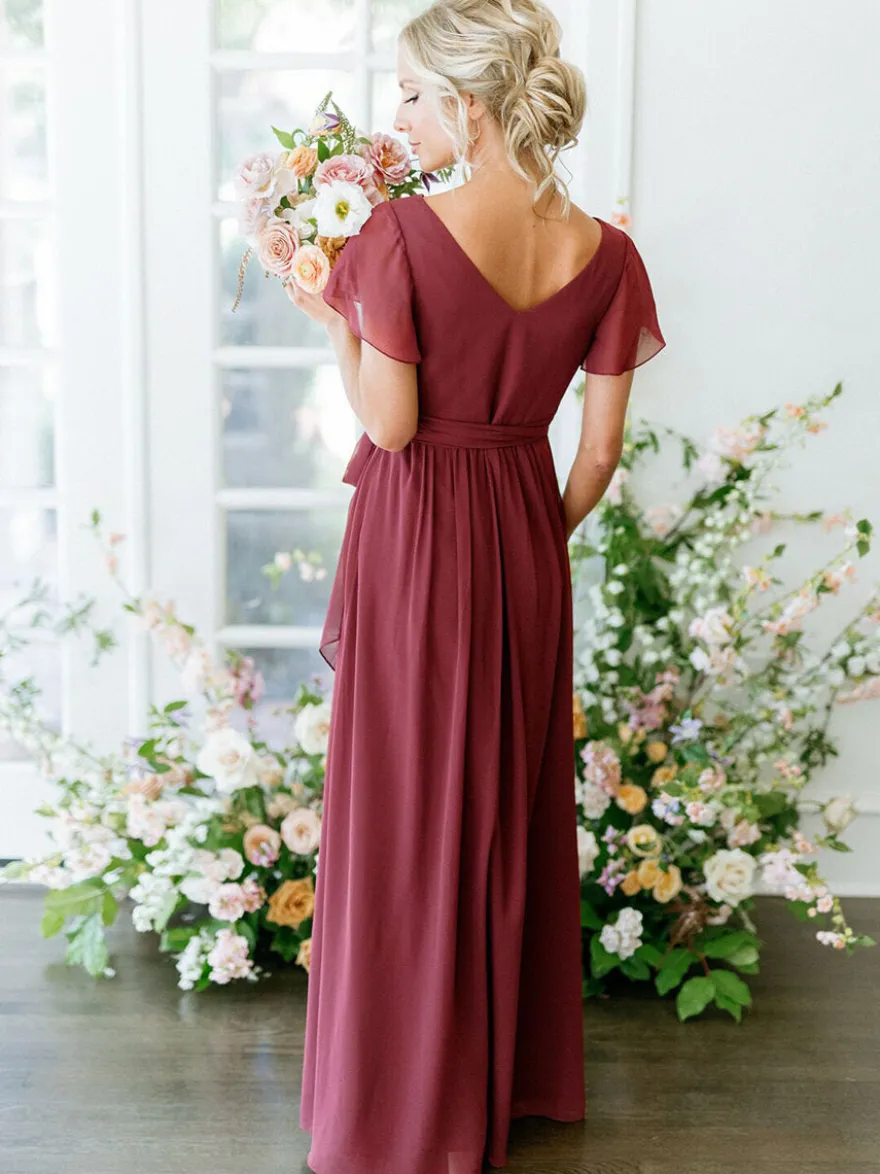 Robe de demoiselle d'honneur bordeaux col V jupe fendue longueur cheville