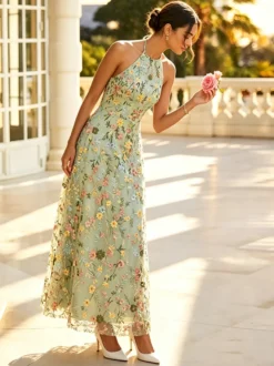 Robe de demoiselle d'honneur dos nu à broderies florales rose poudré coupe trapèze en tulle long robe de mariée longue en tulle.