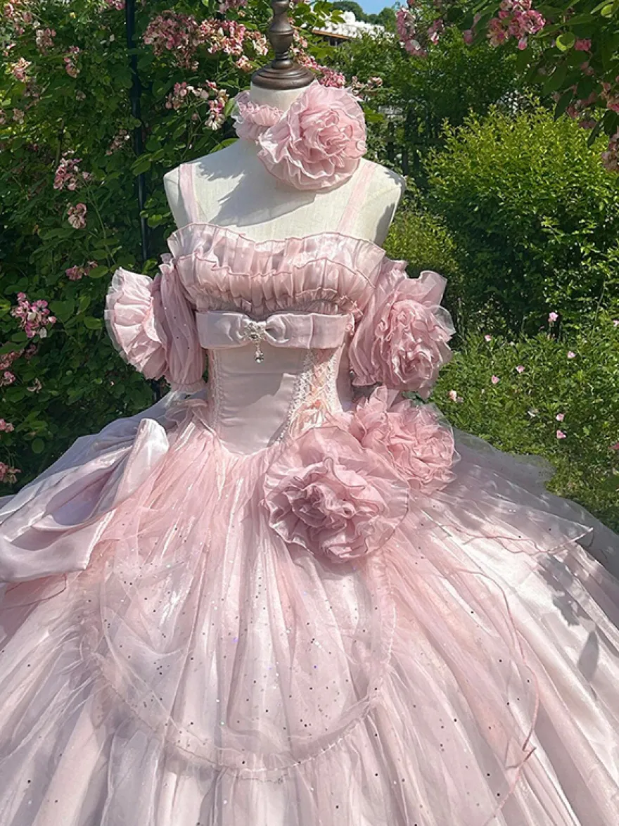 Robe de fée rose Sweet Lolita à spaghetti et nœud floral robe Lolita longue au sol
