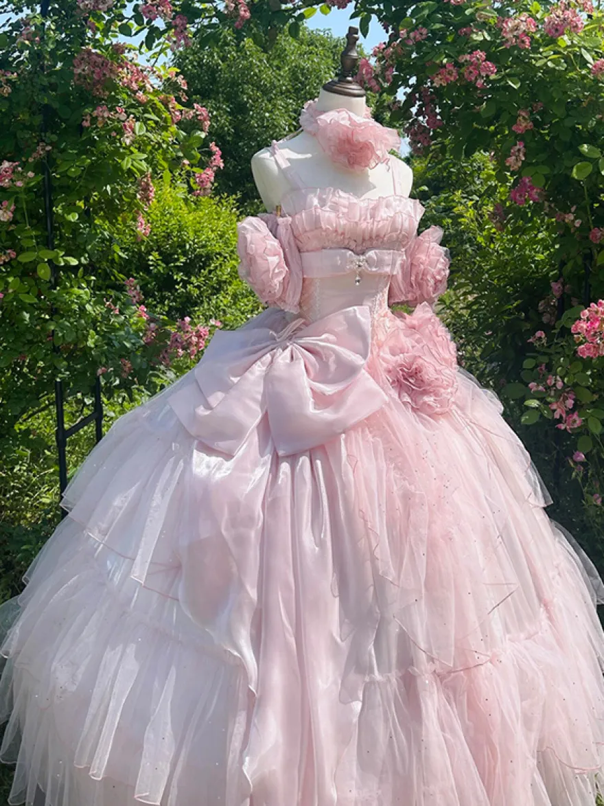 Robe de fée rose Sweet Lolita à spaghetti et nœud floral robe Lolita longue au sol