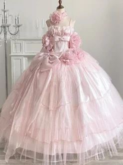 Robe de fée rose Sweet Lolita à spaghetti et nœud floral robe Lolita longue au sol