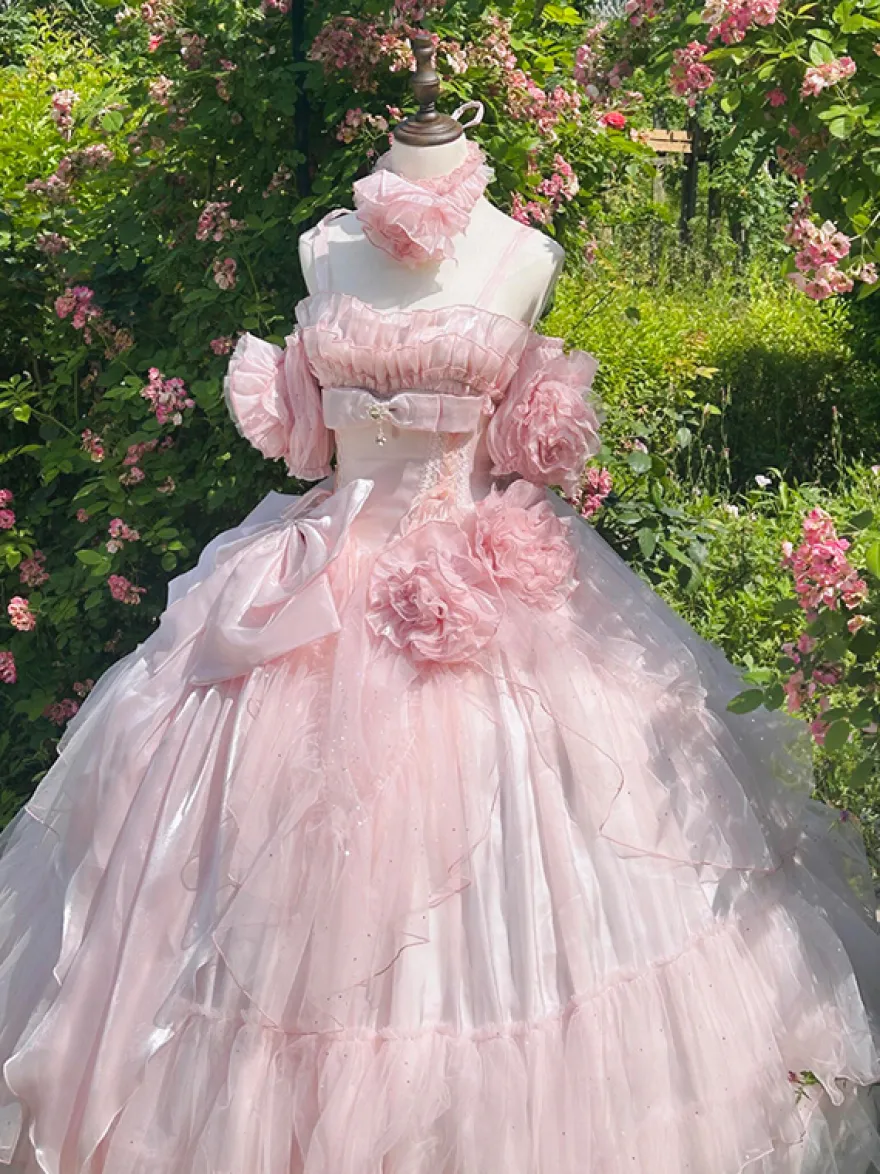 Robe de fée rose Sweet Lolita à spaghetti et nœud floral robe Lolita longue au sol
