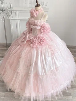 Robe de fée rose Sweet Lolita à spaghetti et nœud floral robe Lolita longue au sol