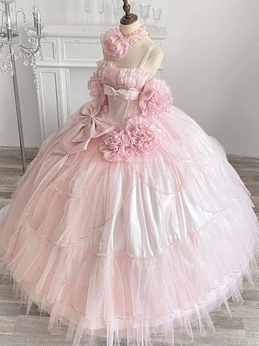 Robe de fée rose Sweet Lolita à spaghetti et nœud floral robe Lolita longue au sol