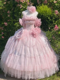 Robe de fée rose Sweet Lolita à spaghetti et nœud floral robe Lolita longue au sol