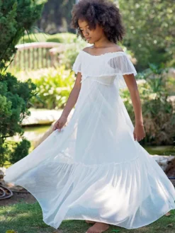 Robe de fille de fleur blanche en dentelle dos en V longueur au sol robe cortège enfant