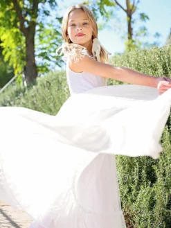 Robe de fille de fleur blanche en dentelle col carré longueur au sol robe cortège enfant
