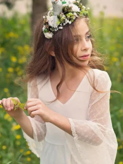 Robe de fille de fleur blanche en dentelle col V manche longue transparente à cheville robe cortège enfant