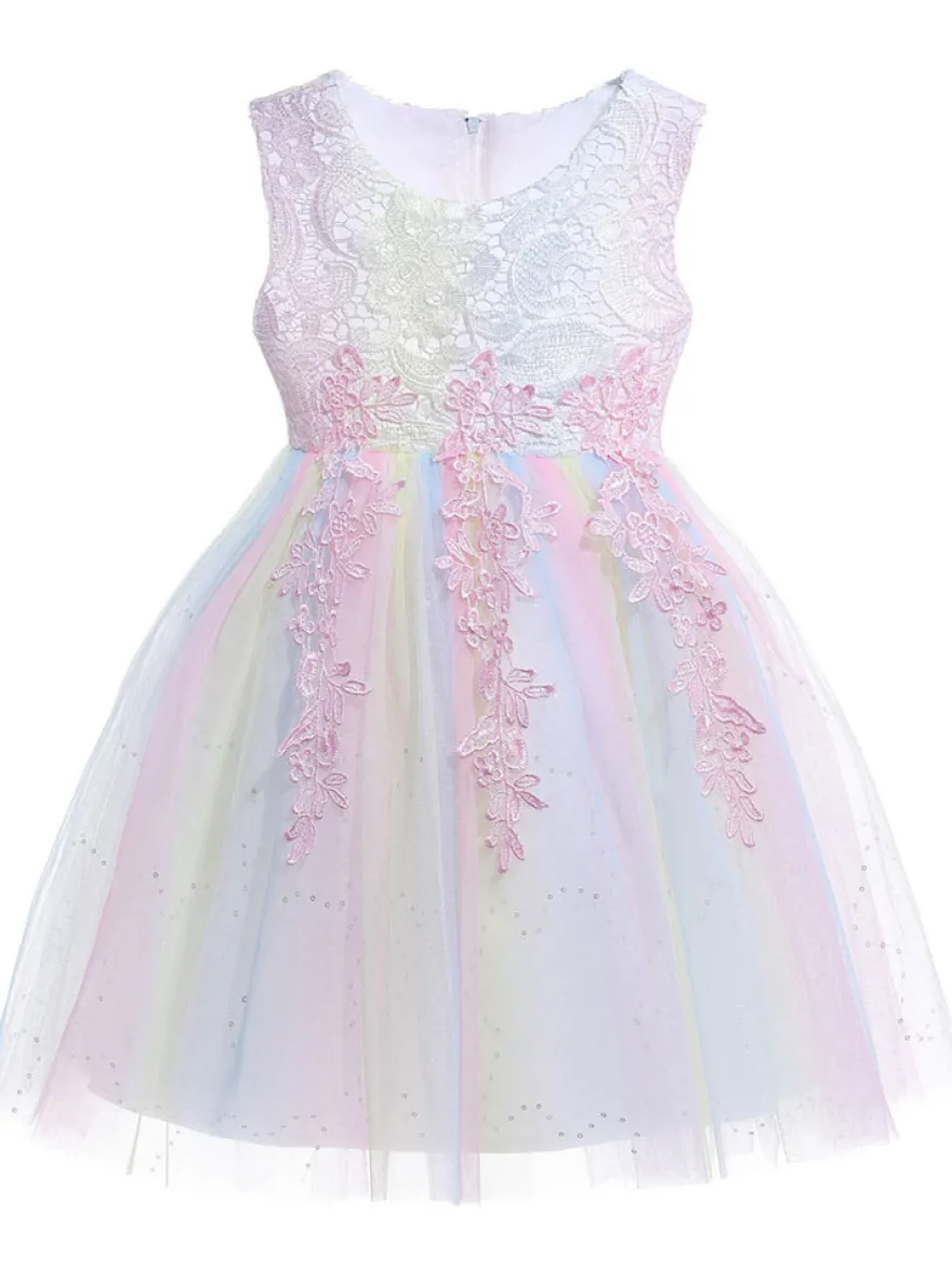 Robe de fille de fleur col rond en dentelle jupe en tulle noeud sur dos à zip robe cortège enfant