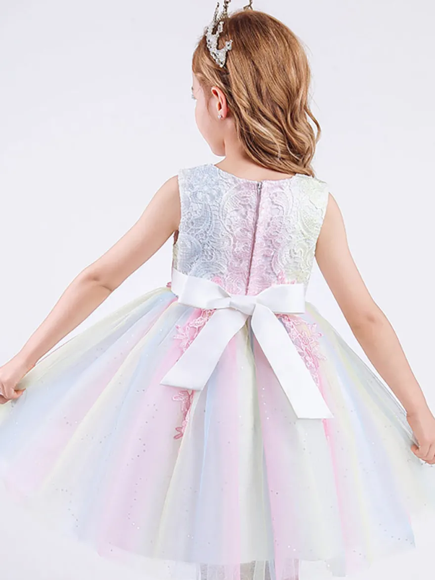 Robe de fille de fleur col rond en dentelle jupe en tulle noeud sur dos à zip robe cortège enfant