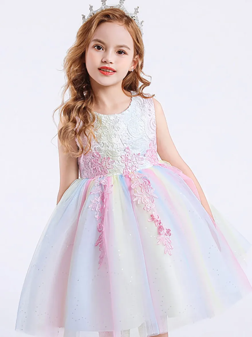 Robe de fille de fleur col rond en dentelle jupe en tulle noeud sur dos à zip robe cortège enfant