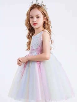 Robe de fille de fleur col rond en dentelle jupe en tulle noeud sur dos à zip robe cortège enfant