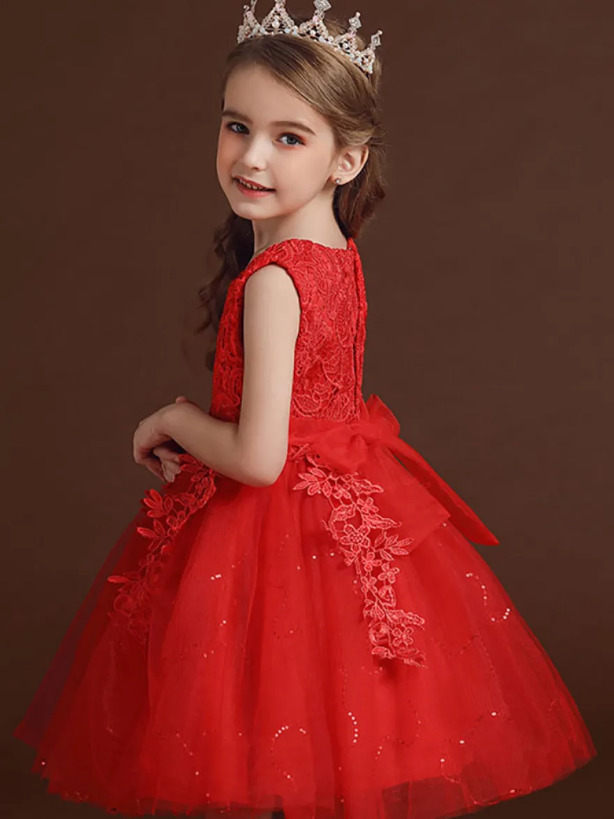 Robe de fille de fleur col rond en dentelle jupe en tulle noeud sur dos à zip robe cortège enfant