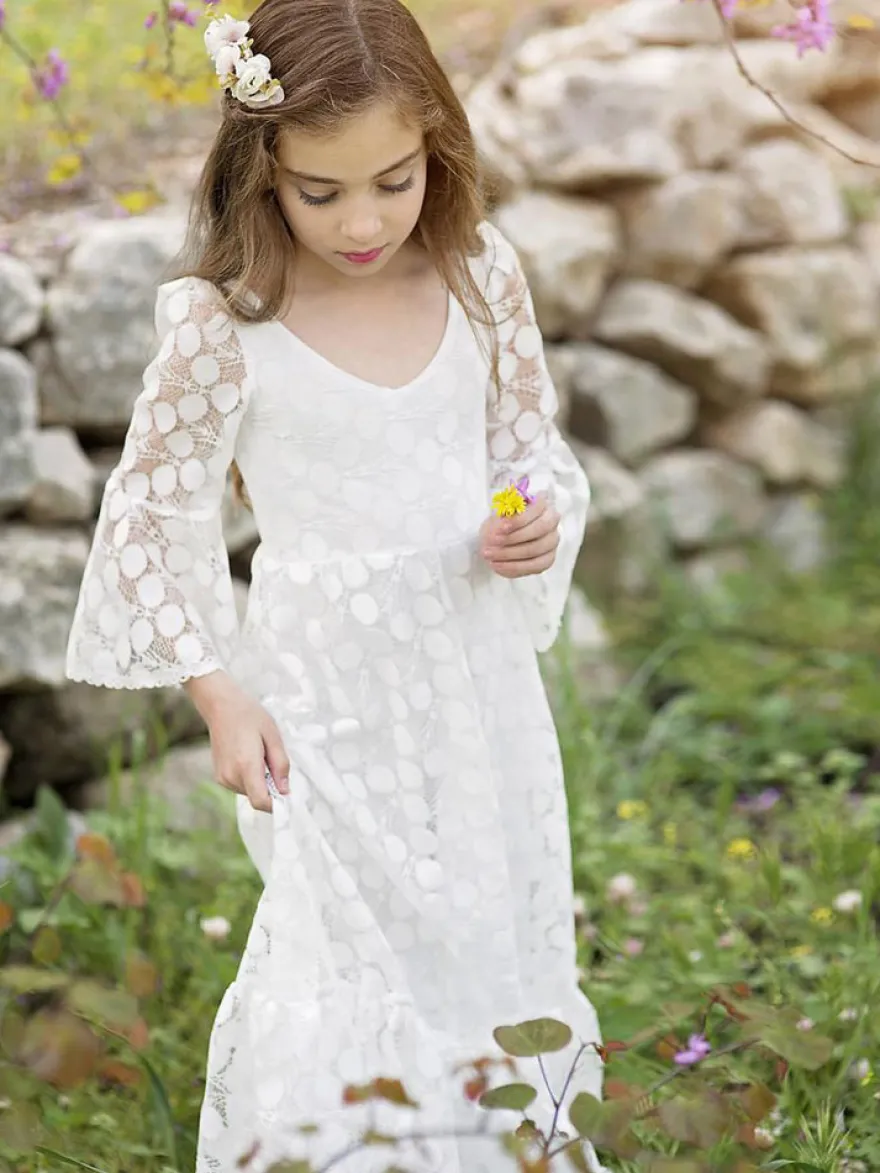Robe de fille de fleur ivoire col rond demie-manche en dentelle