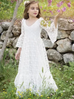 Robe de fille de fleur ivoire col rond demie-manche en dentelle