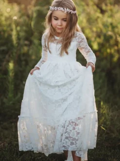 Robe de fille de fleur ivoire en dentelle col rond manche longue robe cortège enfant
