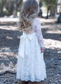 Robe de fille de fleur ivoire en dentelle col rond manche longue robe cortège enfant