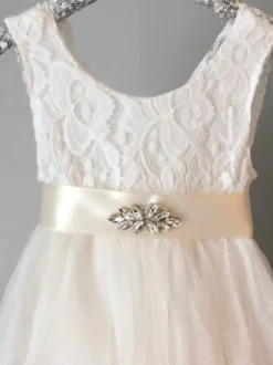 Robe de fille de fleur robe cortège enfant bleu col rond avec ceinture