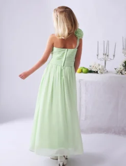 Robe de fille de fleur robe cortège enfant verte en chiffon bustier à une épaule zip sur dos longueur cheville
