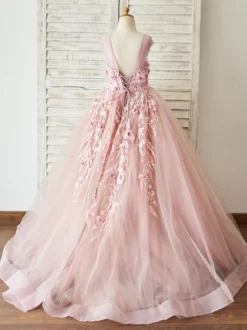 Robe de fille de fleur saumon rose en tulle col rond dos en V avec laçage décoré des fleurs longueur au sol Robe princesse d'enfant
