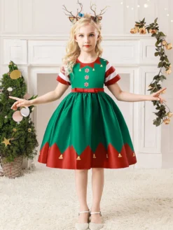 Robe de fête pour Noël Green Polyester Fiber Imprimerie des vacances de Noël Costumes Robe