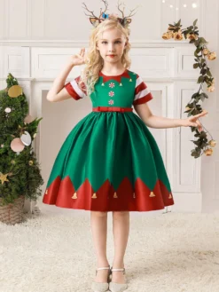 Robe de fête pour Noël Green Polyester Fiber Imprimerie des vacances de Noël Costumes Robe