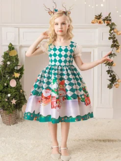Robe de fête pour Noël Red Polyester Fibre Plaid Match Floral Print Christmas Holidays Costumes Robe