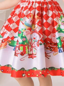 Robe de fête pour Noël Red Polyester Fibre Plaid Match Floral Print Christmas Holidays Costumes Robe