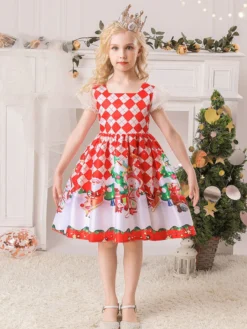 Robe de fête pour Noël Red Polyester Fibre Plaid Match Floral Print Christmas Holidays Costumes Robe