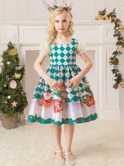 Robe de fête pour Noël Red Polyester Fibre Plaid Match Floral Print Christmas Holidays Costumes Robe