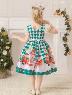 Robe de fête pour Noël Red Polyester Fibre Plaid Match Floral Print Christmas Holidays Costumes Robe