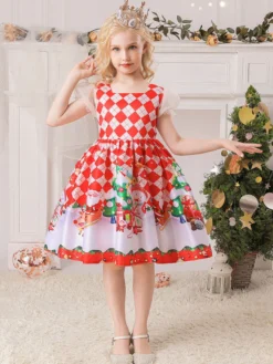 Robe de fête pour Noël Red Polyester Fibre Plaid Match Floral Print Christmas Holidays Costumes Robe