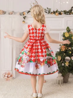 Robe de fête pour Noël Red Polyester Fibre Plaid Match Floral Print Christmas Holidays Costumes Robe