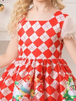 Robe de fête pour Noël Red Polyester Fibre Plaid Match Floral Print Christmas Holidays Costumes Robe