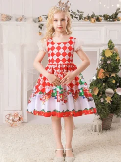 Robe de fête pour Noël Red Polyester Fibre Plaid Match Floral Print Christmas Holidays Costumes Robe