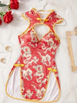 Robe de lingerie Cheongsam à imprimé dragon ajourée et fendue jusqu'en haut tenue de jeu de rôle