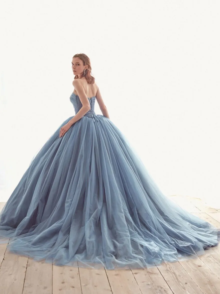Robe de mariée bleue avec train bustier sans manches à lacets taille naturelle longue tull polyester robes de mariée