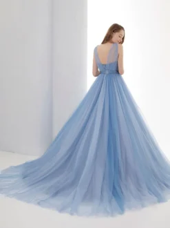 Robe de mariée bleue avec train bustier sans manches à lacets taille naturelle longue dentelle tulle polyester une ligne robes de mariée