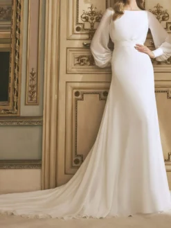 Robe de mariée bohème Robe de mariée vintage charleston col bateau manche longue dos en V à traîne